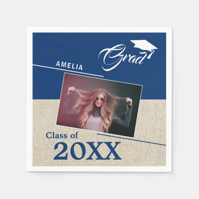 Rustic Navy Blue Graduate Photo Graduation Party  Napkins (Front)