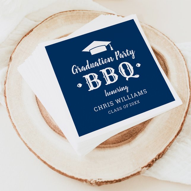 Rustic Navy Blue Graduation Party BBQ Personalized Paper Napkins (Creator Uploaded)