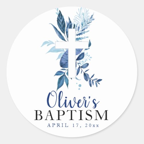 Rustic Navy Blue Greenery Cross Boy Baptism Classic Round Sticker