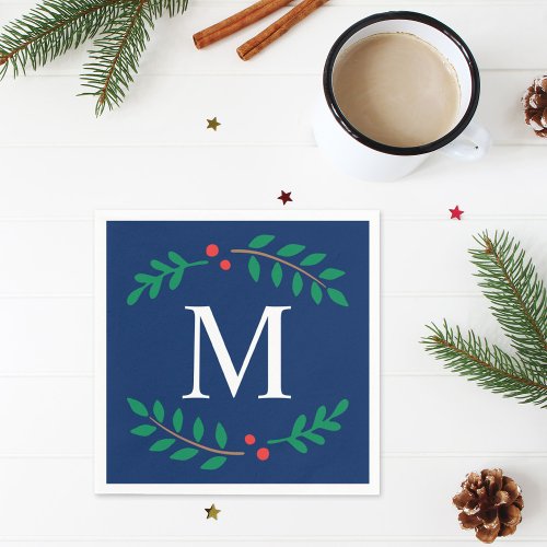 Rustic Navy Blue Holiday Laurel Wreath Monogram Paper Napkins