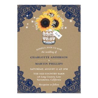 Rustic Navy Blue Kraft Paper Sunflower Wedding Invitation