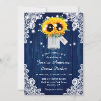 Rustic Navy Blue Lace Mason Jar Sunflower Wedding