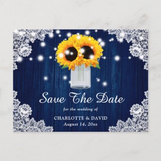 Rustic Navy Blue Lace Sunflower Save The Date