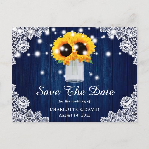 Rustic Navy Blue Lace Sunflower Save The Date Announcement Postcard
