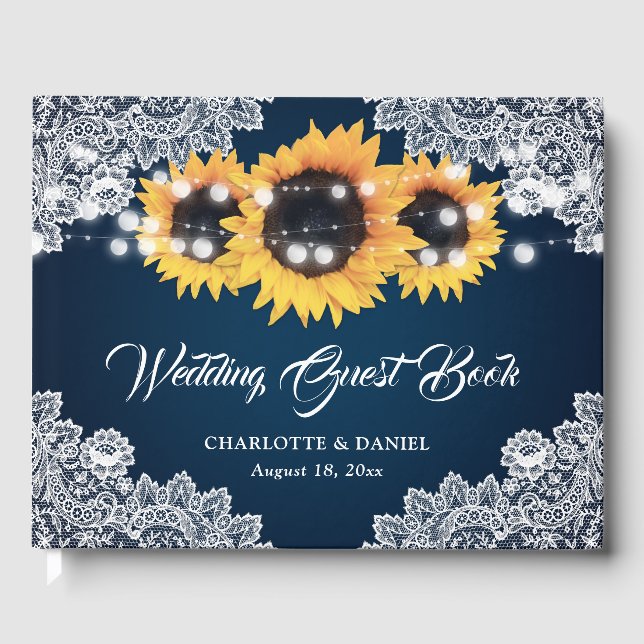 Rustic Navy Blue Lace Sunflower Wedding Guest Book (Front)