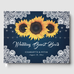 Rustic Navy Blue Lace Sunflower Wedding Guest Book