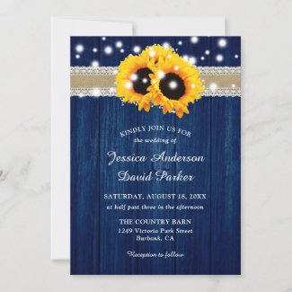 Rustic Navy Blue Lace Sunflower Wedding Invitation