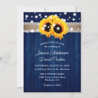 Rustic Navy Blue Lace Sunflower Wedding Invitation