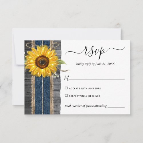 Rustic Navy Blue Lace Watercolor Sunflower Wedding RSVP Card