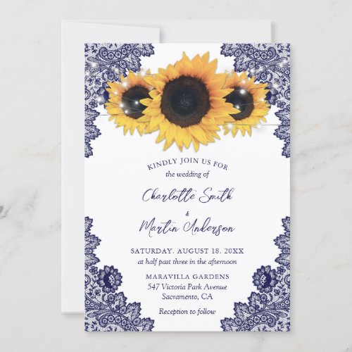 Rustic Navy Blue Lace Yellow Sunflower Wedding Invitation