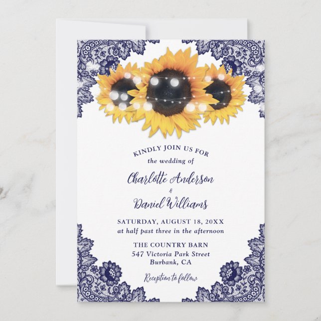 Rustic Navy Blue Lace Yellow Sunflower Wedding Invitation (Front)