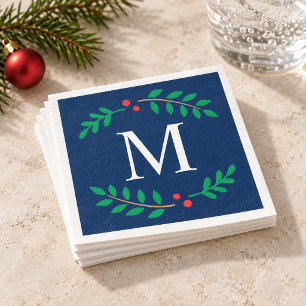 Rustic Navy Blue Laurel Monogram Christmas Paper Napkins