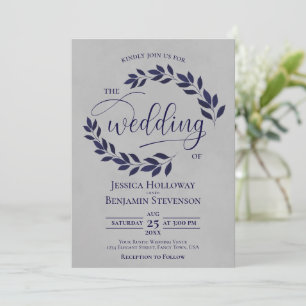 Rustic Navy Blue Leaves Elegant Gray Wedding Invitation
