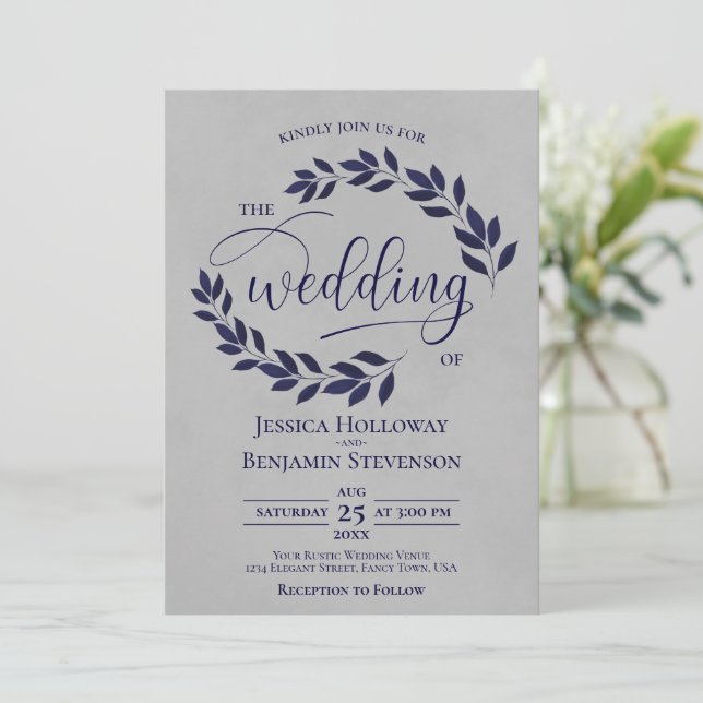 Rustic Navy Blue Leaves Elegant Gray Wedding Invitation (Standing Front)