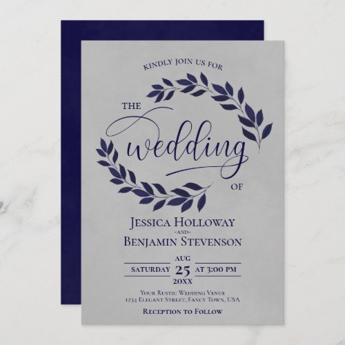 Rustic Navy Blue Leaves Elegant Gray Wedding Invitation