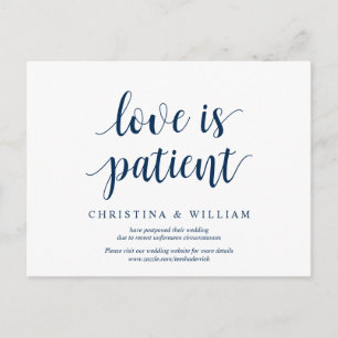 Rustic Navy Blue, love is patient, wed postponed Postcard