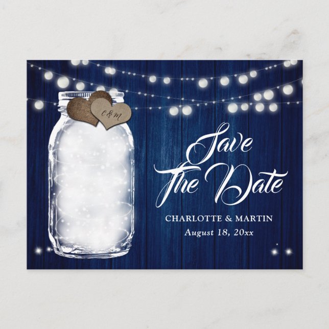 Rustic Navy Blue Mason Jar Wedding Save The Date Announcement Postcard (Front)