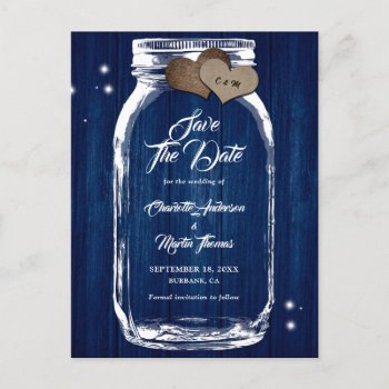 Rustic Navy Blue Mason Jar Wedding Save The Date Announcement Postcard by DanielCapPhotography at Zazzle