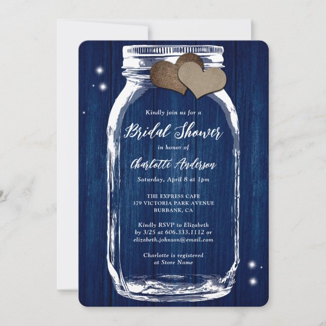 Rustic Navy Blue Mason Jar Wood Bridal Shower Invitation (Front)