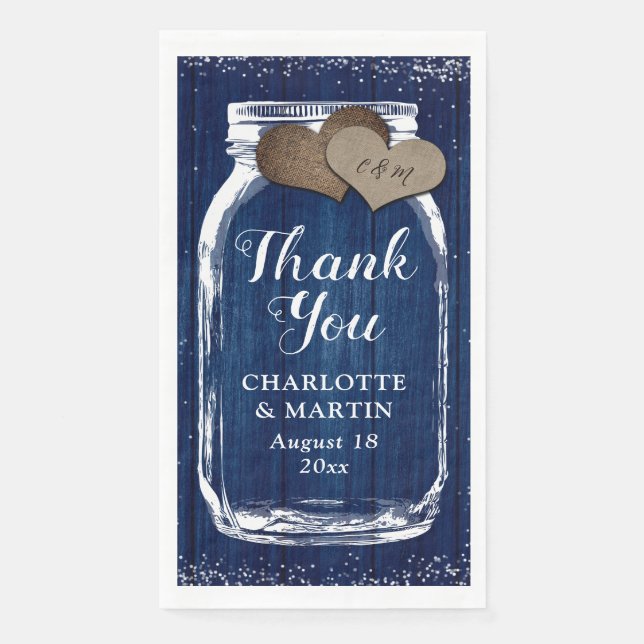 Rustic Navy Blue Mason Jar Wood Thank You Wedding Paper Guest Towels (Front)