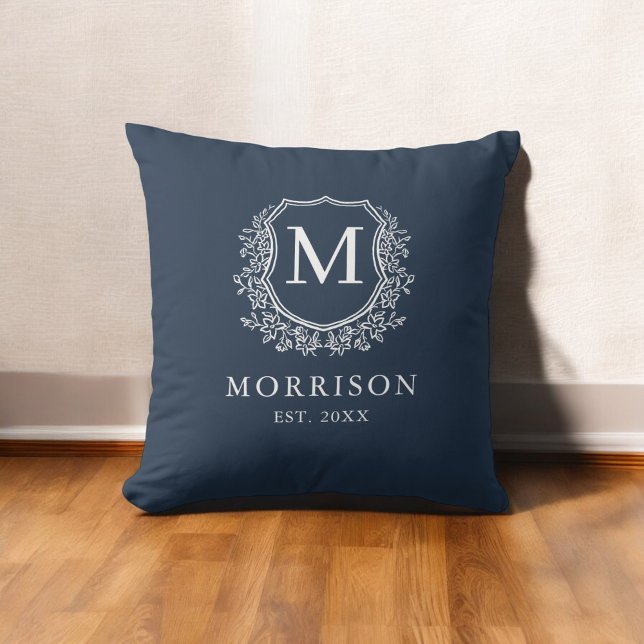 Rustic Navy Blue Monogram Crest Initial Throw Pillow (Creator Uploaded)