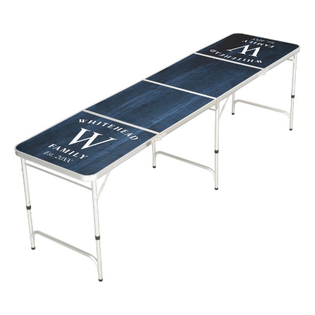 Rustic Navy Blue Monogram Wood Beer Pong Table (Angled)