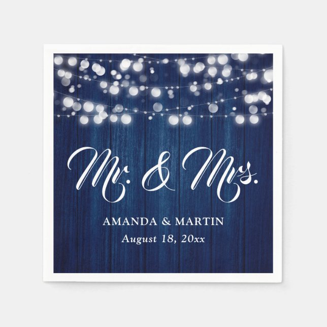 Rustic Navy Blue Mr and Mrs Wedding Napkins (Front)