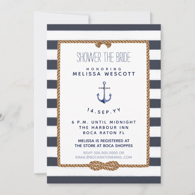 Rustic Navy Blue Nautical Knot Shower the Bride Invitation (Front)