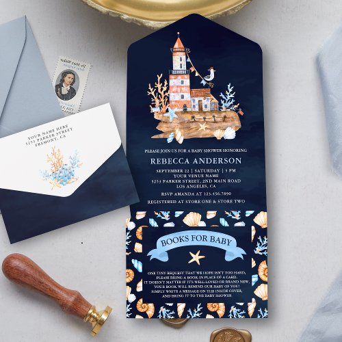 Rustic Navy Blue Nautical Lighthouse Baby Shower All In One Invitation