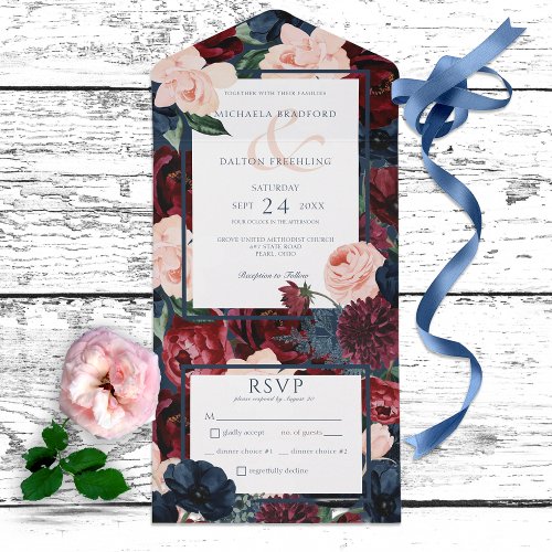 Rustic Navy Blue Peach  Burgundy Floral Dinner All In One Invitation