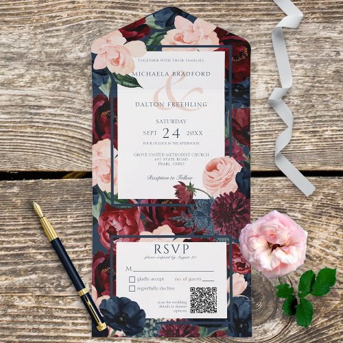 Rustic Navy Blue Peach  Burgundy Floral QR Code All In One Invitation