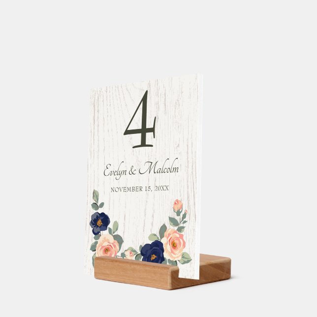 Rustic Navy Blue Peach Floral Wedding Table Number Holder (Woodblock Angle)