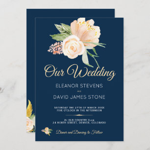 Rustic navy blue peach peonies bouquet wedding invitation