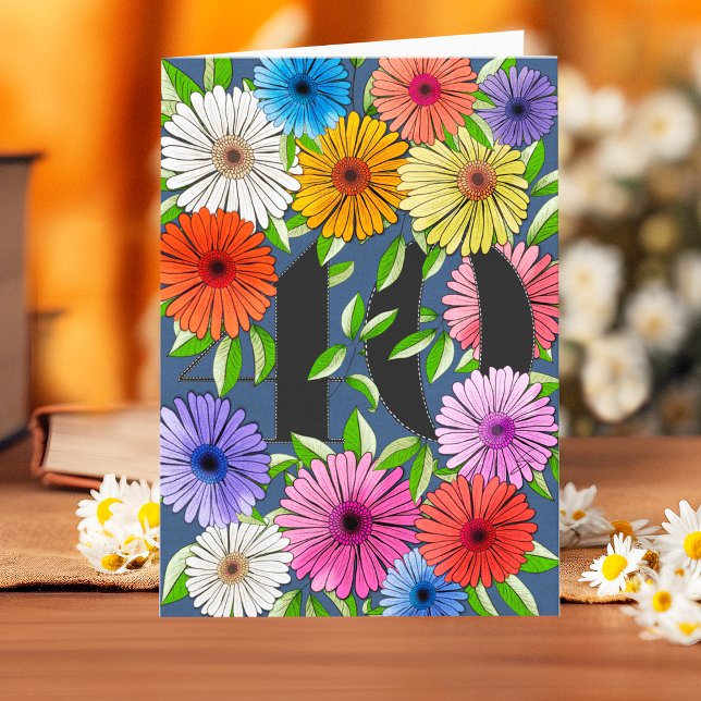 Rustic Navy Blue Personalized 40th Birthday Floral Card (Creator Uploaded)