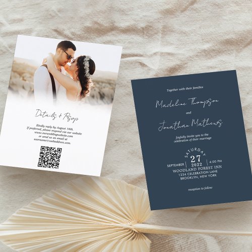 Rustic Navy Blue Photo Budget Wedding QR Code Rsvp