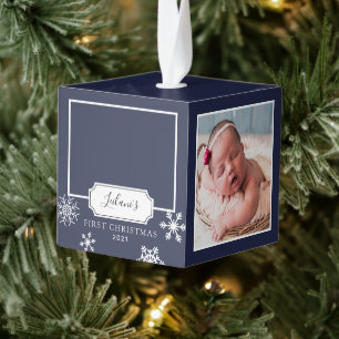 Rustic Navy Blue Photo Collage Snow Cube Ornament