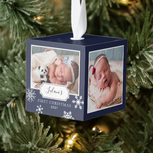 Rustic Navy Blue Photo Collage Snow Cube Ornament