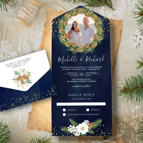 Rustic Navy Blue Pine Cone Photo Christmas Wedding All In One Invitation