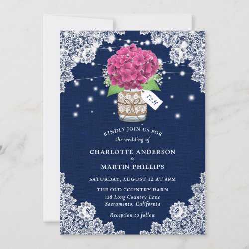 Rustic Navy Blue Pink Hydrangea Wedding Invitation