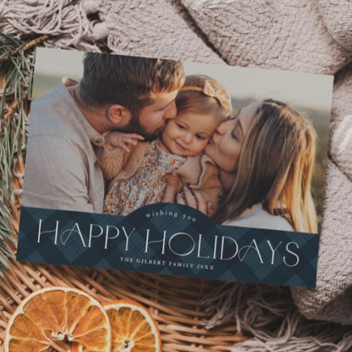 Rustic Navy Blue Plaid 2 Photo Happy Holiday Card