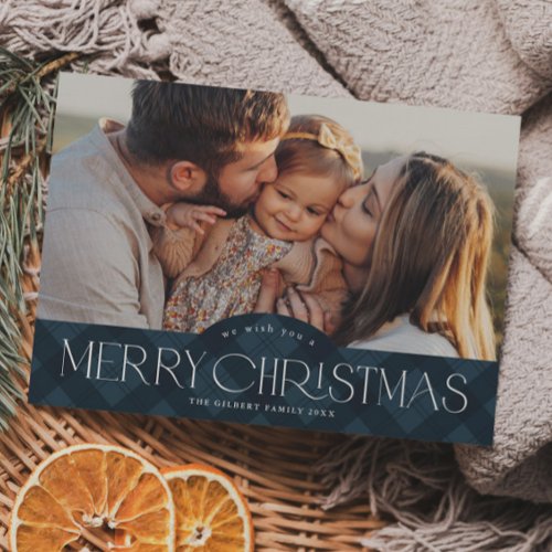 Rustic Navy Blue Plaid 2 Photo Merry Christmas Holiday Card