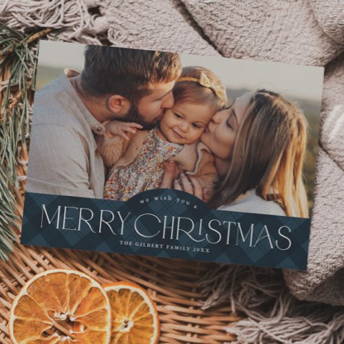 Rustic Navy Blue Plaid Photo Merry Christmas Holiday Postcard