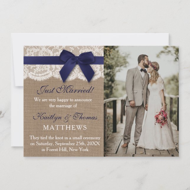 Rustic Navy Blue Ribbon Wedding Photo Marriage Announcement (Front)