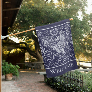 Rustic Navy Blue Rooster Chicken Farmhouse Welcome House Flag