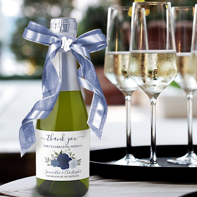 Rustic Navy Blue Roses Wedding Thank You Mini Sparkling Wine Label (Creator Uploaded)