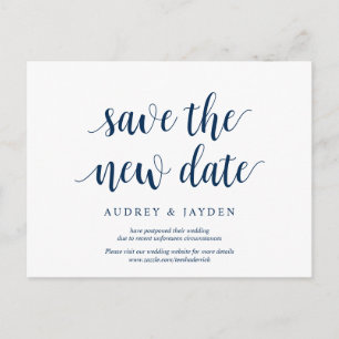 Rustic Navy Blue, Save the new date, wed postponed Postcard