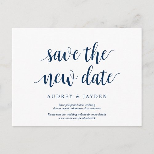 Rustic Navy Blue Save the new date wed postponed Postcard
