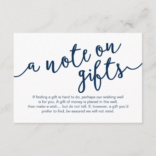 Rustic Navy Blue Script A note on gifts Enclosure Card