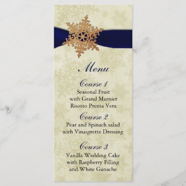 rustic "navy blue" snowflakes winter wedding menu