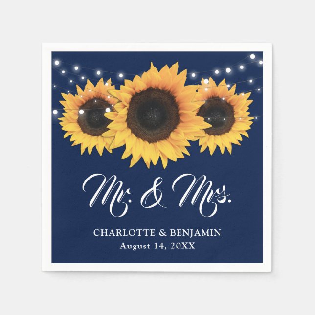 Rustic Navy Blue String Lights Sunflower Wedding Napkins (Front)